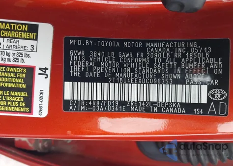 2013 Toyota Corolla S Special Edition z USA, uszkodzony, nr VIN 2T1BU4EEXDC096353